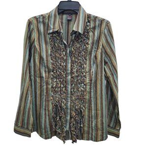 Yansi Fugel Women's‎ Multicolor Stripe 3D Ruffle LS Button Front Shirt Size L
